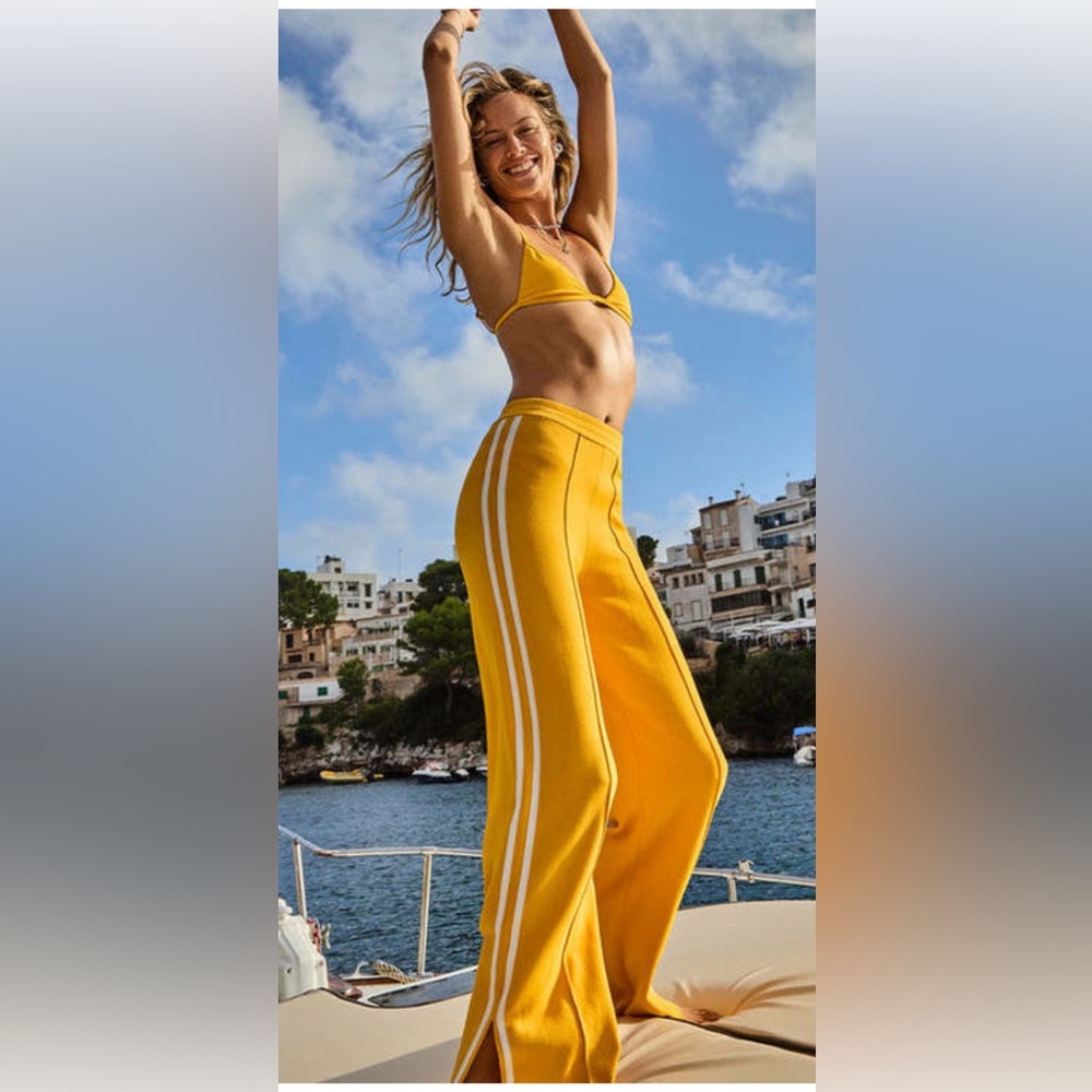 The Upside Yellow Wide-Leg Track Pants with White Stripes